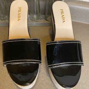 Prada Natural Cork Patent Leather Block Heel